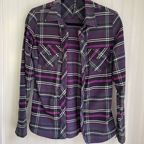 KUHL women’s purple and black plaid flannel long sleeve shirt size Small - Picture 2 of 16